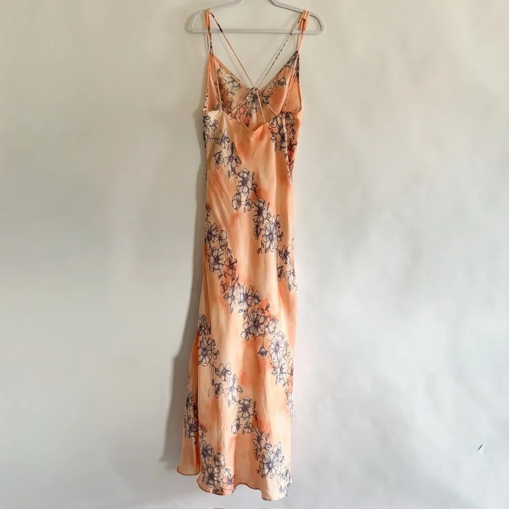 Intimately Free People Cassie Maxi Slip Dress Large Satin Peach Floral Backless - Picture 6 of 12